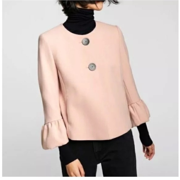 Zara Light Pink Blush Blazer Jacket Ruffle Cuff Double Button - Picture 2 of 8